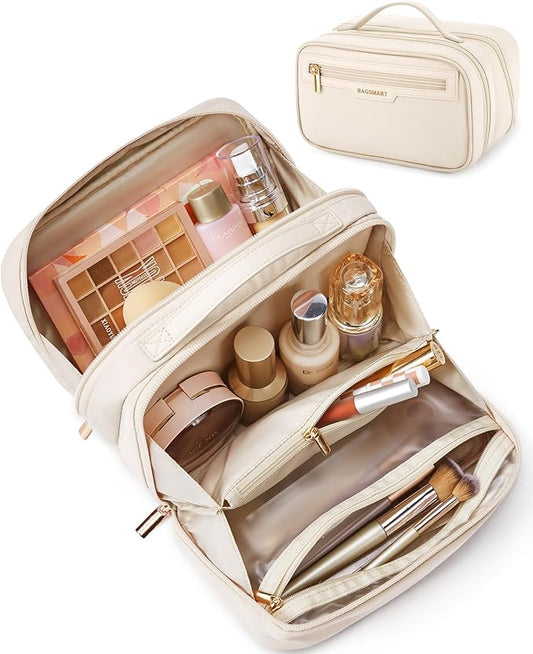 BAGSMART Travel Makeup Bag, Portable Make Up Bag, Wide-open Makeup Organizer Cosmetic Bags for Women for Travel Essentials Travel-Size Toiletries Accessories Bottles, Brushes (Beige)