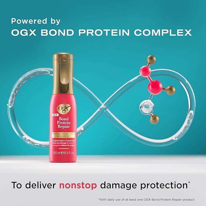 OGX Repair & Protect Bond Protein Repair 450°F Heat Protect Spray, Thermal Protection Spray for Targeted Damage Repair & Protection from Heat Damage, 6.5 fl. oz