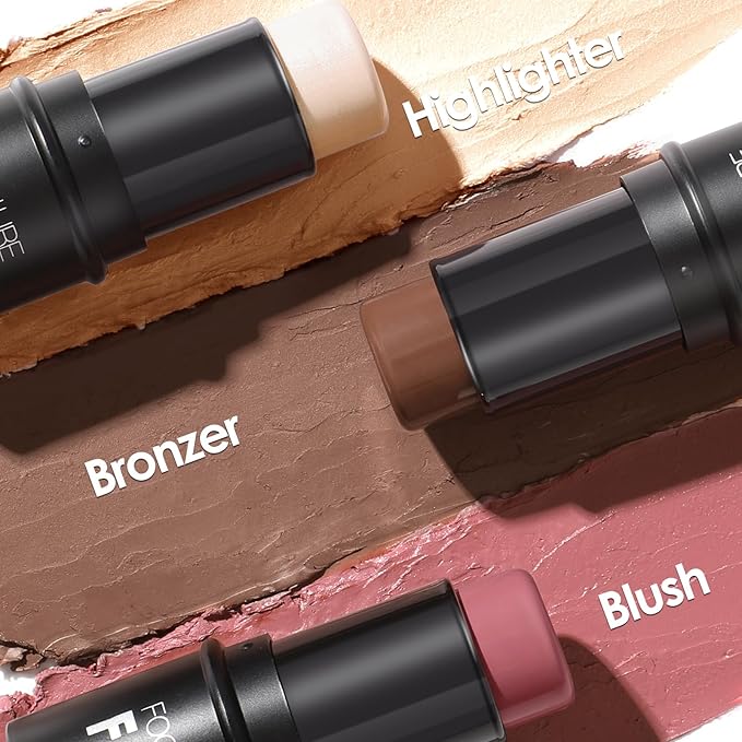 FOCALLURE 3 Pcs Cream Contour Sticks,Shades with Highlighter Finishing Makeup,TAN