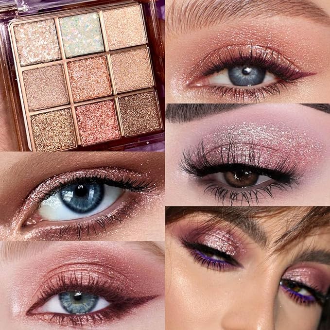 9 Colors Glitter Eyeshadow Palette Naturing-Looking Women Girls Eye Shadow,Pink White Gold Glitter Shimmer Sparkly Eye Shadow Palette Makeup,Warm Pastel Eyeshadows Palette Long Lasting Waterproof