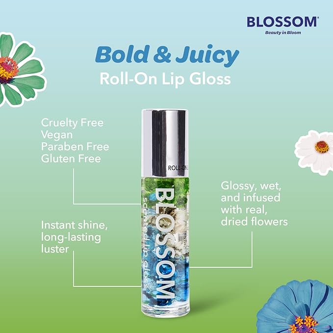 Blossom Roll on Lip Gloss, Scented Clear High Shine Moisturizing Lip Oil, Non Sticky, Infused with Real Flowers, Made in USA, 0.2oz, Mint