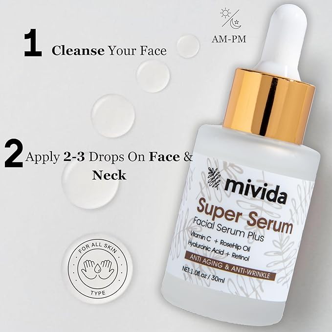 mivida Anti-Aging Super Serum with Retinol, Hyaluronic-Acid, Rosehip Oil, Vitamin C | All-In-One Face Serum For Wrinkles, Fine Lines, Dark Spot | 1oz