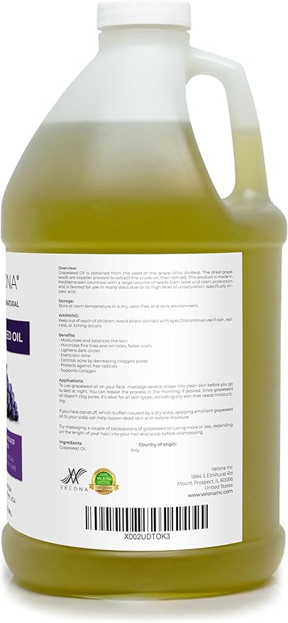 velona Grapeseed Oil 1 Gallon / 128 Fl Oz | 100% Pure and Natural Carrier Oil | Refined, Cold pressed | Cooking, Skin, Face, Body, Hair Care | Use Today - Enjoy Results