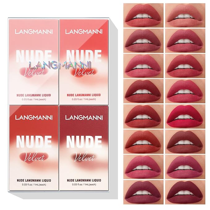 Mini Matte Lip Glaze Set, 16Pcs Liquid Lip Gloss with Gift Box, Rose Nude Red Lip Gloss Lip Stain Long Lasting Waterproof Non-Stick Lip Make Up Gift Set for Mum, Wife and Daughter