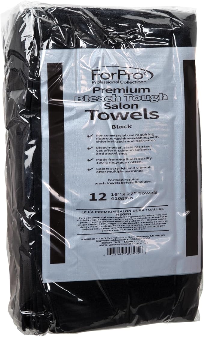 ForPro Premium Bleach Tough Salon Towels, Black, 100% Cotton, Bleach-Proof Towels, Stain Resistant, 16” W x 27” L, 12-Count