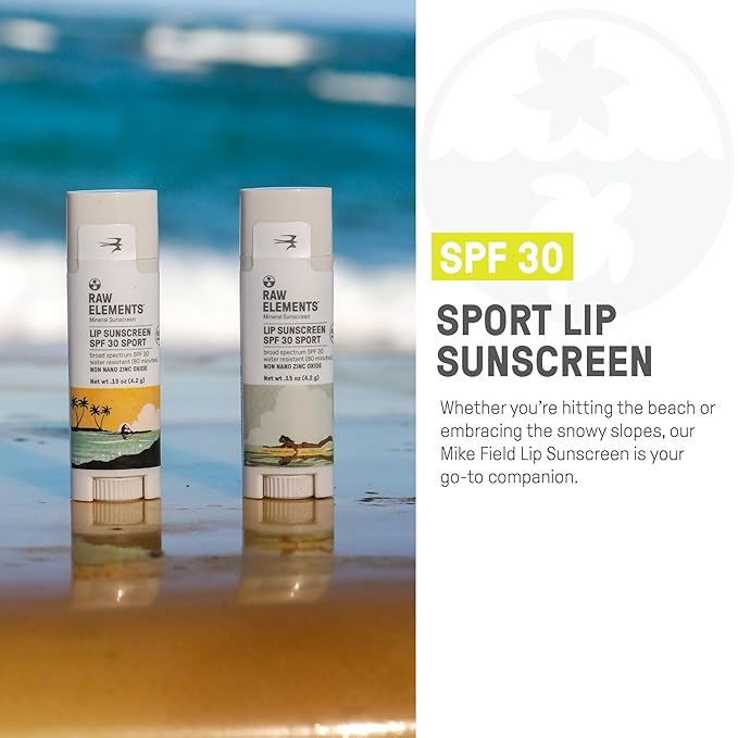 Raw Elements Mike Field Lip Sunscreen - SPF 30, UVA-UVB Protection, Reef-Safe, Non-Nano Zinc, Water Resistant, 0.15 oz (2 Pack)