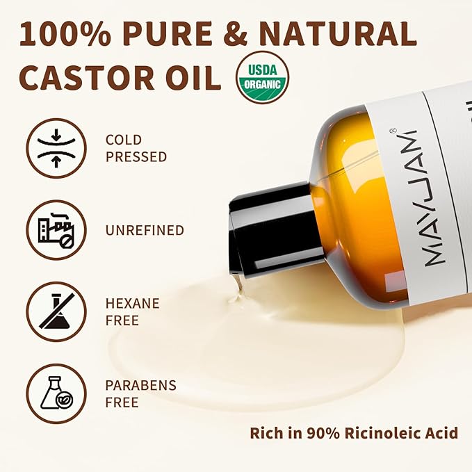 Organic Castor Body Oil: Cold Pressed 16OZ USDA Certified 100% Pure Organic Castor Oils for Hair Growth&Skin Oil for Eyebrows, Eyelash Carrier Oil for Women&Men Hair Moisturizer,Hexane-Free