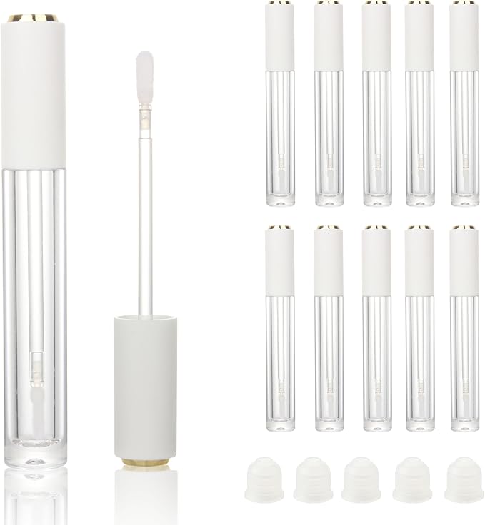 COSIDEA 10pcs Empty Round 4ml 0.13oz lip gloss tubes with soft silicon tip wand Gold white lid Lipgloss tube containers for lip oil packing
