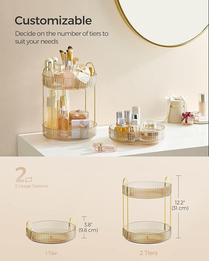 SONGMICS Makeup Organizer, 2-Tier Round Rotating Skincare Organizer Countertop, Customizable, Toiletries Vanity Organizer, Lazy Susan, Gift, Champagne Gold UJKA012A01