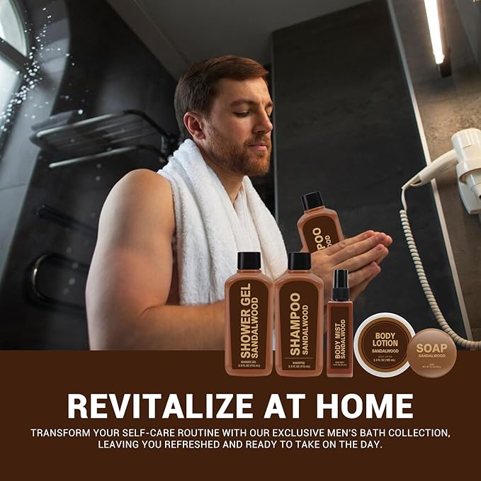 Gift Sets for Men Bath and Body Mens Gifts 6pcs Sandalwood Travel Size sets with Shampoo, Shower Gel, Soap, Body Lotion, Birthday Gifts for Men, Self Care Fathers Day Gifts
