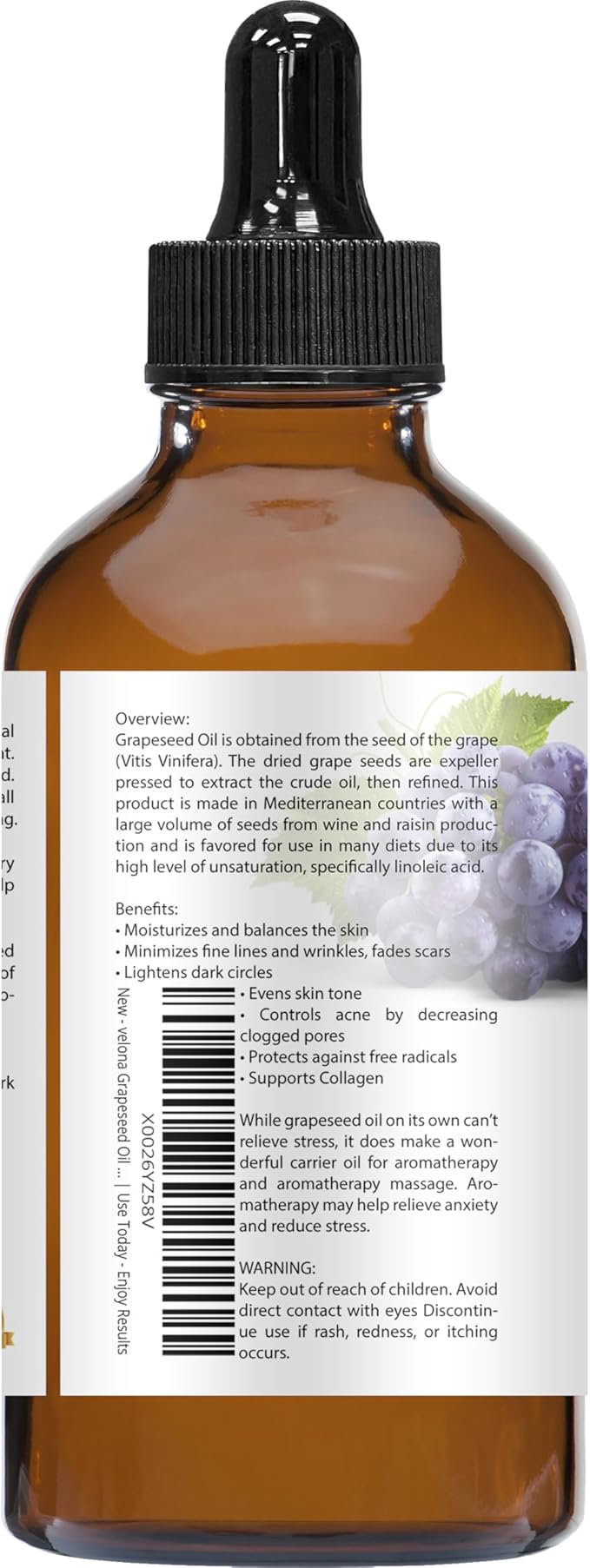 velona Grapeseed Oil 4 fl oz | 100% Pure and Natural Carrier Oil | Refined, Cold pressed | Skin, Face, Body, Hair Care | Use Today - Enjoy Results