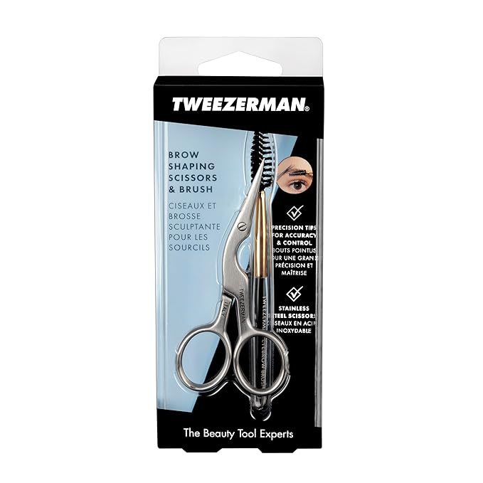 Tweezerman Brow Shaping Scissors and Brush - Stainless Steel Eyebrow Trimming Scissors for Women and Men