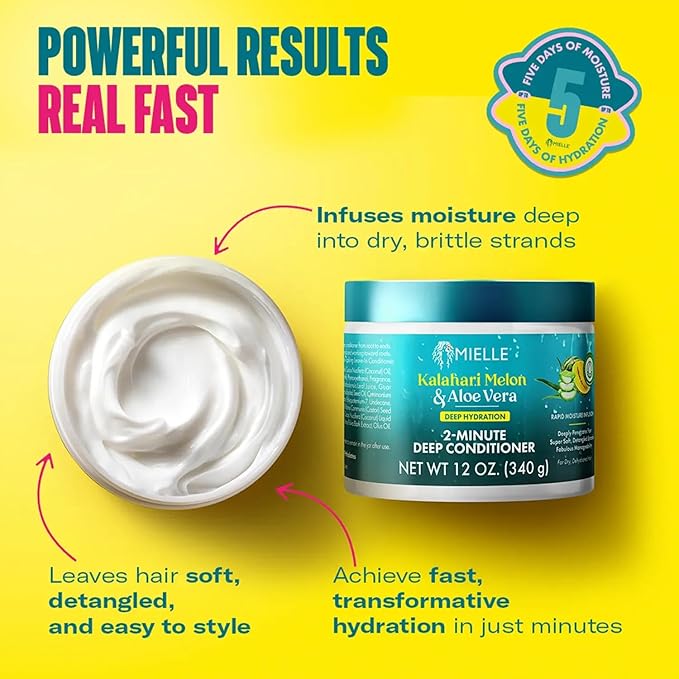 Mielle 2-Minute Deep Conditioner - Kalahari Melon & Aloe Vera Moisturizing Hair Conditioner for Dry, Curly and Textured Hair - Softening, Detangling & Fast-Acting Deep Conditioning Treatment (12 oz)