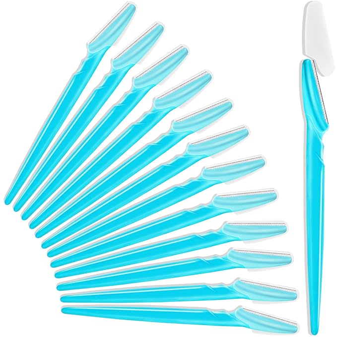 12 Pcs Eyebrow Razors, Face Razors Multipurpose, Exfoliating Dermaplaning Tools, Eyebrow Trimmers Shaver with Safety Cover, Facial Hair Removal for Women Men Body Use (Blue)