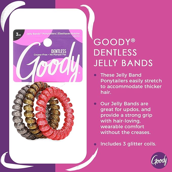 Goody Trend Ponytailers Elastic Hair Coils - 3 Count, Glitter - Assorted - For Medium to Thick Hair - Hair Accessories for Women and Girls - Perfect for Long Lasting Braids, Ponytails and More