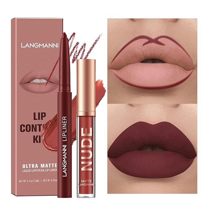 LANGMANNI 4pcs Matte Lipstick with Lipliners Durable Makeup Set,Long-Lasting Non-Stick Cup Not Fade Waterproof Pigmented Velvet Lipgloss Kit Beauty Cosmetics Makeup Gift for Girls(#1+2+8+11)