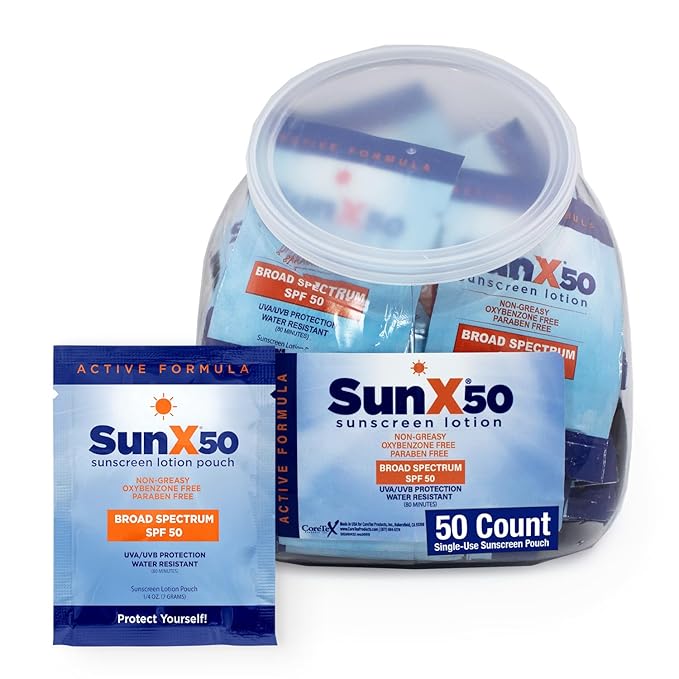 Sun X 50 SPF Individual Sunscreen Packets Travel Size - 50 Pack Fishbowl of Paraben, Oxybenzone, & White Cast Free Broad Spectrum SPF Sunscreen Packets - Water & Sweat Resistant For Up To 80 Minutes