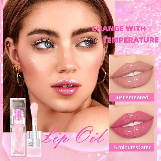 Magic Color Changing Lip Oil Ph, Glitter Lip Gloss, Upgraded Big Brush Head Moisturizing Lip Oil Long Lasting Nourishing Lip Glow Oil Non-Sticky Primer Lip Tint (Pink)