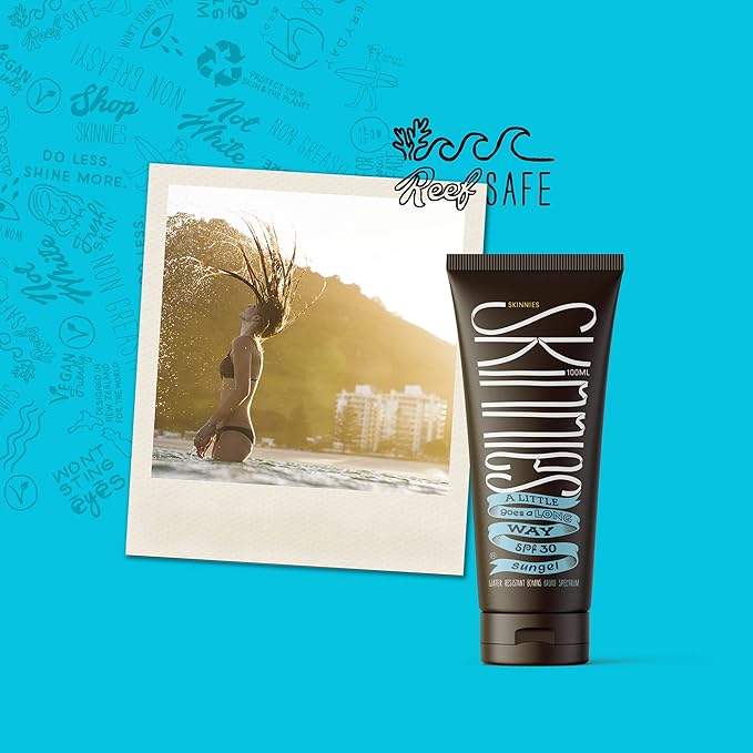 Skinnies Sungel New Formula SPF30 Eco Sunscreen, 3.4oz UVA UVB, Not Diluted With Water, Reef Safe, Vegan, Use Pea Size Blob