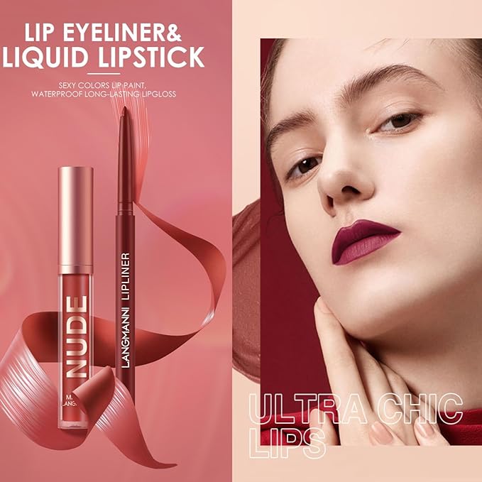 LANGMANNI 4pcs Matte Lipstick with Lipliners Durable Makeup Set,Long-Lasting Non-Stick Cup Not Fade Waterproof Pigmented Velvet Lipgloss Kit Beauty Cosmetics Makeup Gift for Girls(#1+2+8+11)