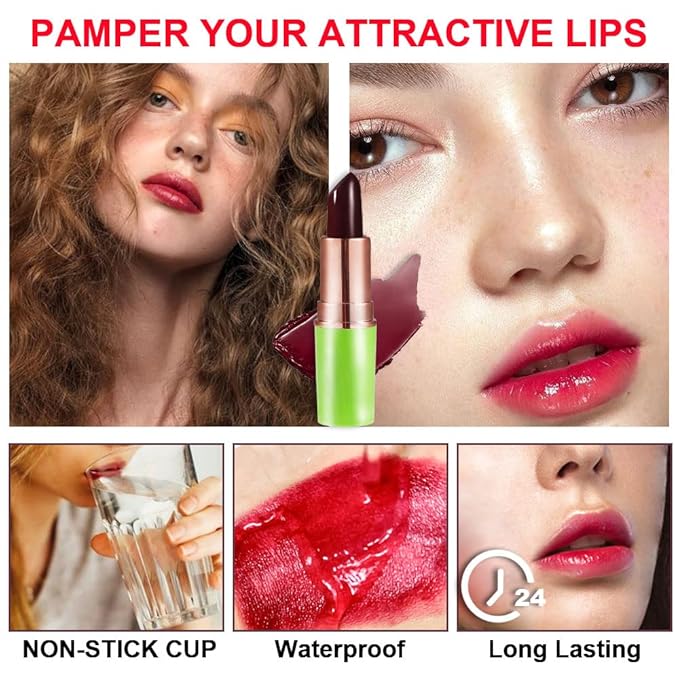 evpct 2Pcs Black Red Cherry Magic Mood Color Changing Lipstick Long Lasting 24 Hours Original for Women, PH Color Change Changing Jelly Lipstick Tinted Lip Balm Stain Gloss Makeup Set, labial magico