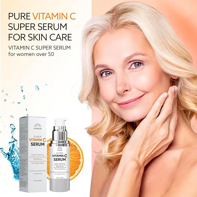 ANSDUR Super Vitamin C Serum for Women over 70: Hyaluronic Acid Serum for Face, Dark Spot Remover and Wrinkle Reduction - Lifting, Smoothing, Moisturizing, All in One Skin Care Formula, 1 fl oz