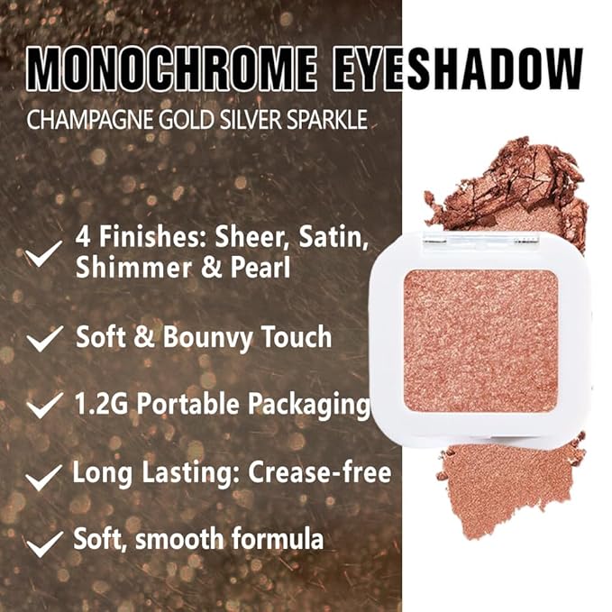 Kaely Pressed Single Eyeshadow Makeup, Champagne Gold Sparkle Highly Pigmented Monochrome Eye Shadow Palette, Waterproof Neutral Powde Mini Eyeshadow, sombras para ojos, Lightweight Blendable, 01