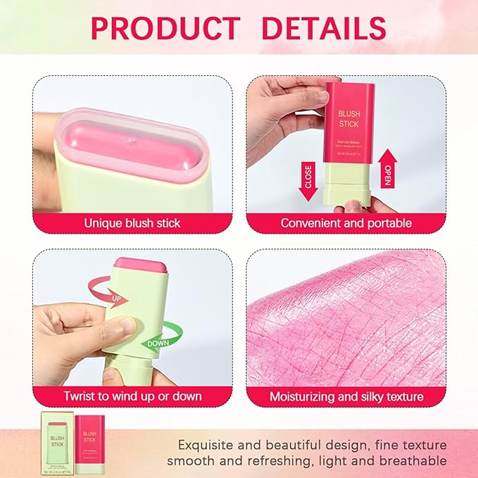 Multi-Use Makeup Blush Stick,Beauty Solid Moisturizer Stick,Waterproof Natural Cheek(2#Hot Red)