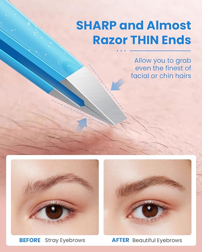 Expert Slant Tip Tweezers with Leather Case, GlamTweeler Sharp & Precision Stainless Steel Tweezer for Eyebrows, Facial Hair and Fine Hairs Removal (Sparkle Blue & Silver)