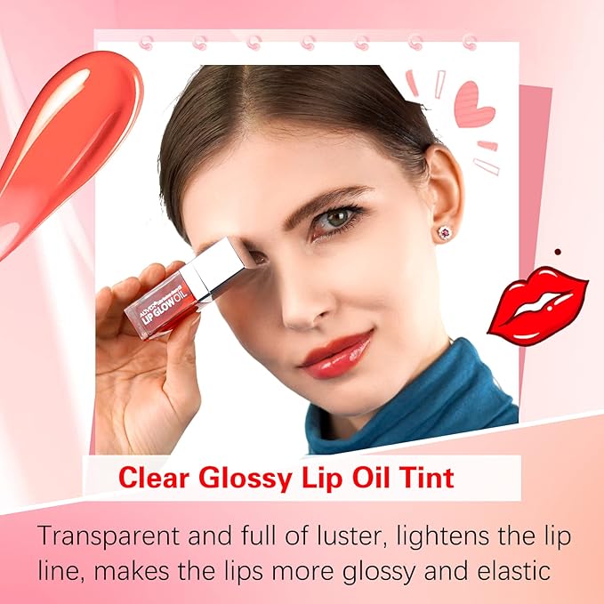 Lip Oil,Lip Glow Oil,Plumping Lip Oil Tinted,Hydrating Gloss Tinted Lip Balm,Long Lasting Nourishing Non-sticky Fresh Texture for Color Reviver (Cherry)