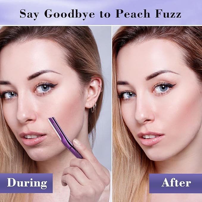 Dermaplane Razor for Women and Men, Eyebrow Razor with Precision Cover, Peach Fuzz Dermaplaning Tool, Exfoliating Facial Razor Reusable Metal Handle with 6 Blades - Purple