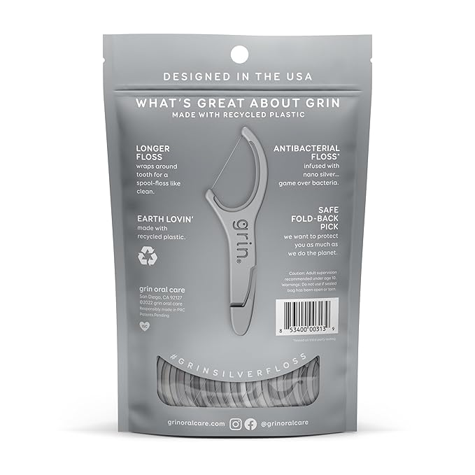 GRIN Silver Flosspyx 75 Count, Dental Flossers, Minty Flavor, Recycled Plastic, for Tight Teeth, Premium Longer Floss Head, Cleans Between Teeth, Includes Safe Soft Fold-Back Tooth Pick