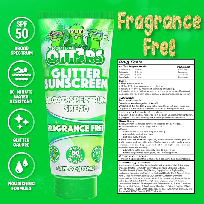 Glitter Sunscreen SPF 50 Lotion 4.5oz - Sparkle Sunscreen - Shimmer Sunscreen - Colored Sunscreen for Kids & Women - UVA/UVB Sunshine Protection + 80 Min Water Resistant - (No Fragrance) (USA Made)