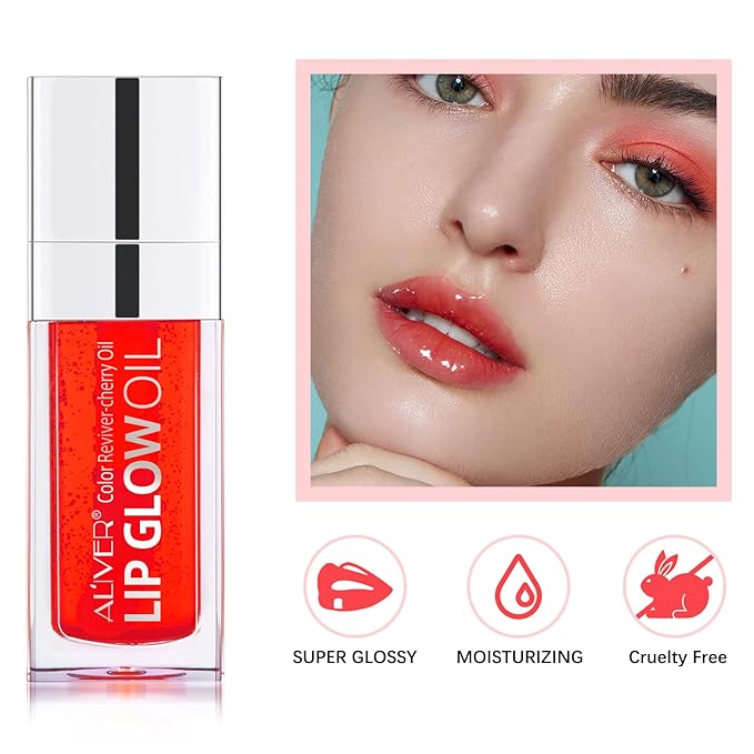 Lip Oil,Lip Glow Oil,Plumping Lip Oil Tinted,Hydrating Gloss Tinted Lip Balm,Long Lasting Nourishing Non-sticky Fresh Texture for Color Reviver (Cherry)