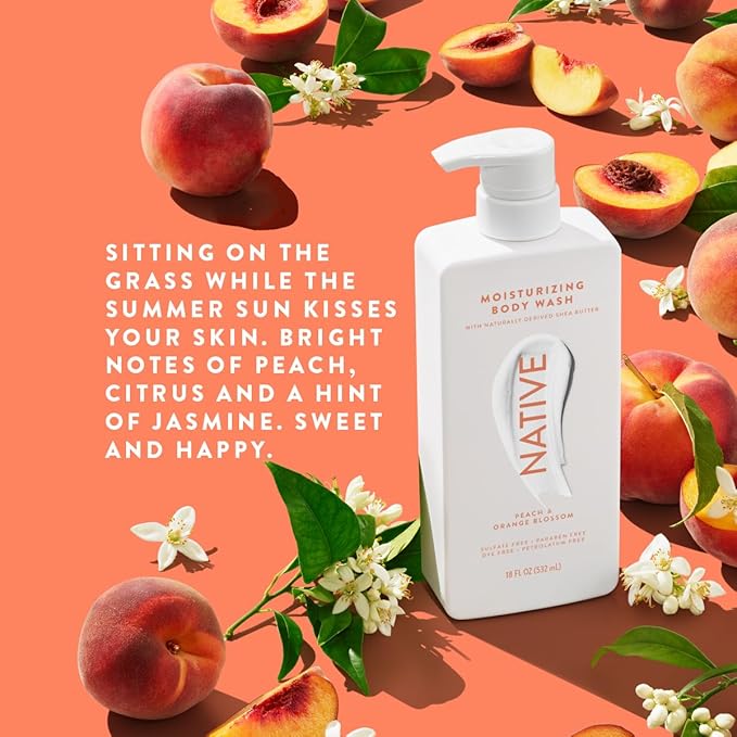 Native Moisturizing Body Wash Contains Naturally Derived Ingredients | For Women & Men, Sulfate, Dye, & Paraben Free Leaving Skin Soft and Hydrated | Peach & Orange Blossom 18 oz