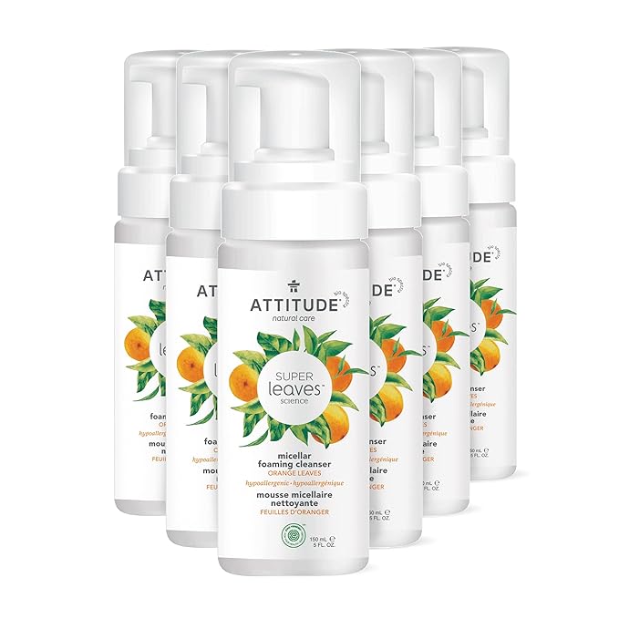 ATTITUDE Micellar Foaming Facial Cleanser, EWG Verified, Dermatologically Tested, Plant and Mineral-Based, Vegan, Orange Leaves, 5 Fl Oz (Pack of 6)