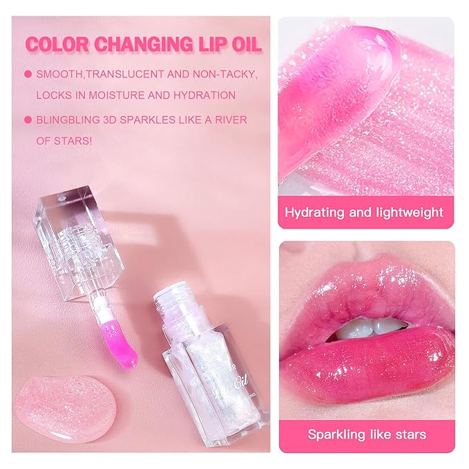 Color Changing Lip Oil,Clear to Pink Magic Big Lip