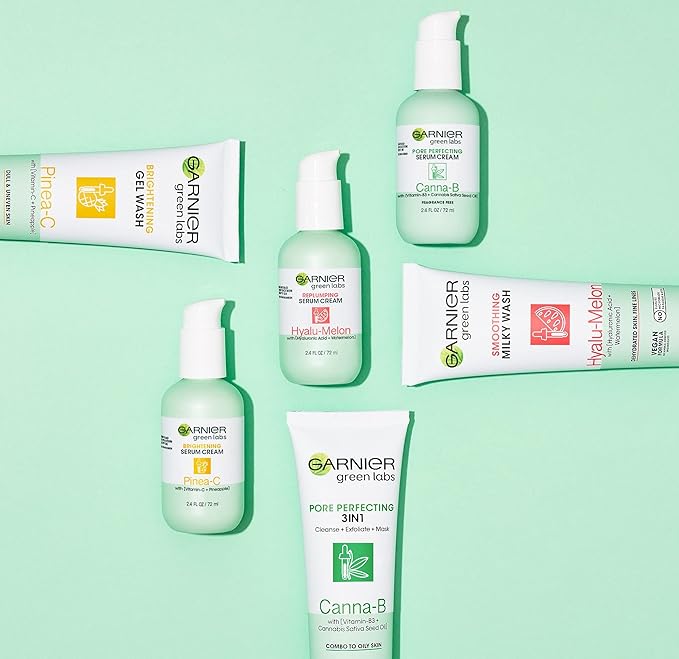 Garnier SkinActive Green Labs Hyalu-Melon Smoothing Milky Washable Cleanser with Hyaluronic Acid + Watermelon for Dehydrated Skin, Fine Lines, (Packaging May Vary), 4.4 FL Oz