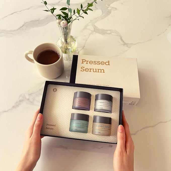 Blithe Pressed Serum Deluxe Collection Face Moisturizer - Hypoallergenic Facial Creams with Ingredients of Chaga Iceplant Yam & Apricot - Korean Beauty for All Seasons (Box Set 4pcs of 0.74 Fl Oz)