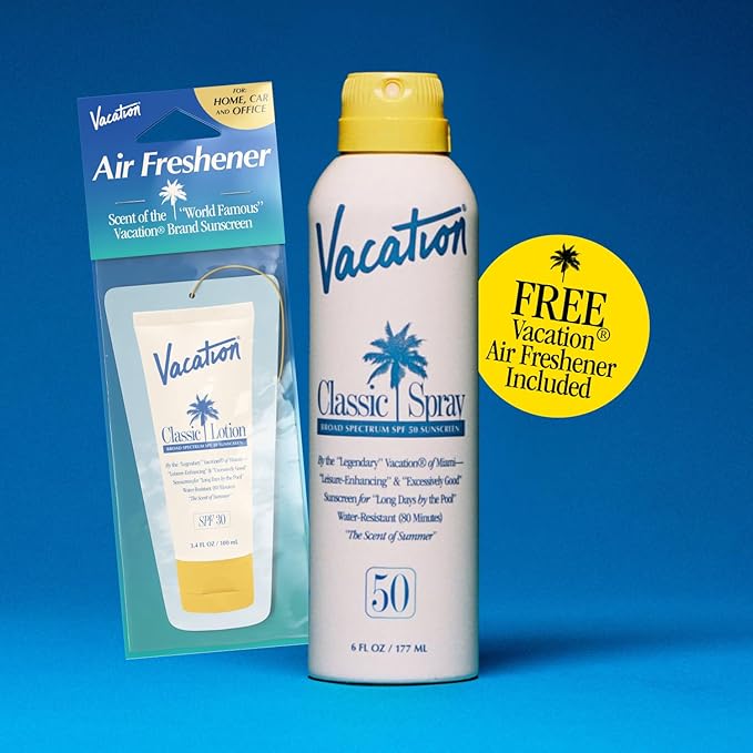 Vacation Classic Spray Sunscreen SPF 50 + Air Freshener Bundle, Broad Spectrum Sunscreen Spray, Vegan Sunblock Spray, Body Spray with SPF, Spray Sunscreen SPF 50, 6 fl. Oz.