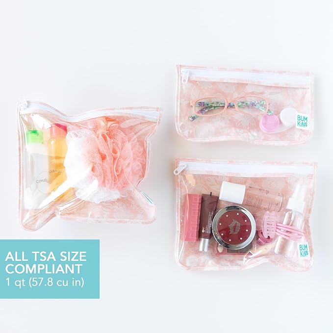 Bumkins Travel Bag, Toiletry, TSA Approved Pouch, Zip Bag, Quart Size Airline Compliant, Clear-Sided, Baby, Diaper Bag Organization, Makeup, Accessories, Packing, Set of 3 Sizes, Floral Gray