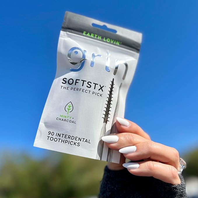Grin Charcoal Infused Softstx, Gentle Dental Picks, 90 Count, Soft Flexible Bristles, Textured Plaque Removing Toothpick, Minty Flavor, for Between Teeth, Refillable Hygienic Case