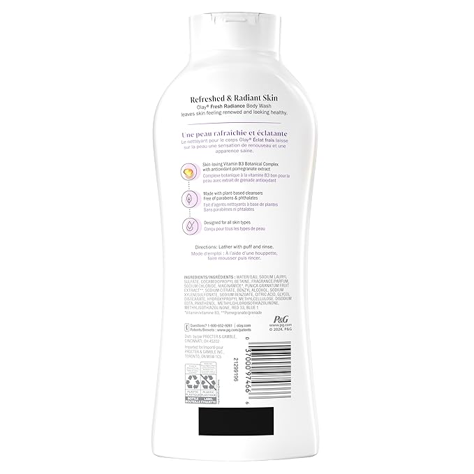 Olay Body Wash for Women, Fresh Radiance, Refreshing & Renewing, Made with Plant Based Cleansers, B3 Botanical Complex, For All Skin Types, Orchid & Black Currant Scent, 22 fl oz (Pack of 4)