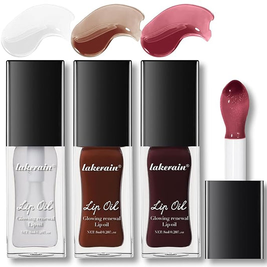 3 Colors Lip Glow Oil Set, Big Brush Glow