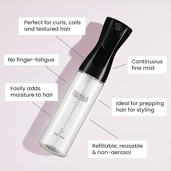 TANGLE TEEZER Fine Mist Continuous Spray Bottle, Reusable and Refillable, for Hair Detangling and Styling, 10.1 oz, Black