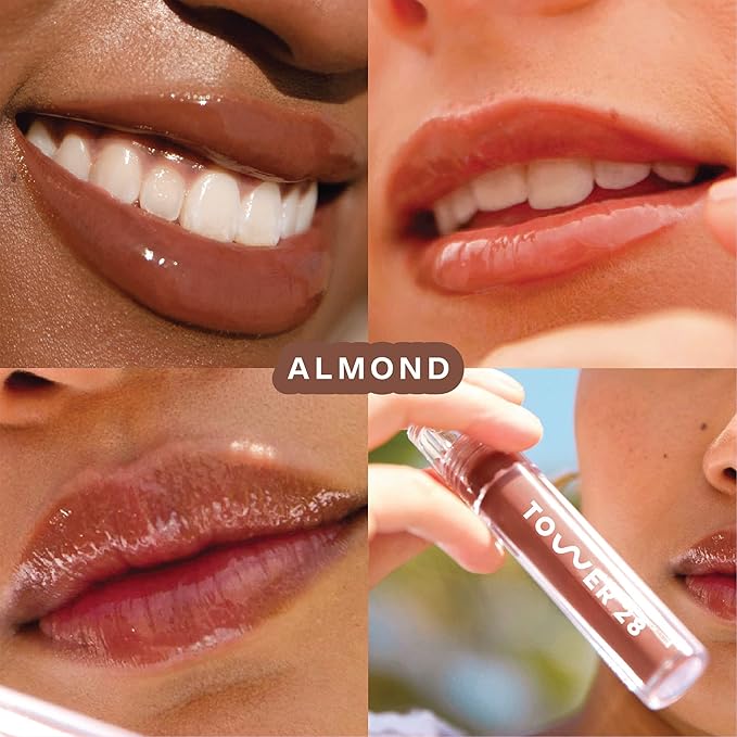 Tower 28 ShineOn Milky Lip Jelly, ALMOND, Non-Sticky, Hydrating Vegan Lip Gloss in Milky Chocolate, Apricot and Raspberry Seed Oil, Moisturizing, Clean, Cruelty Free