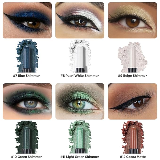 6Pcs Cream Eyeshadow Sticks Set, Champagne Pearl Brown Cocoa Stone Green Sliver Shimmer Matte Waterproof Eye Brightener Stick Palette for Eye Makeup 02 (6Pcs-02)