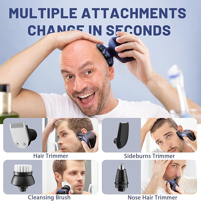 Head Shaver 7D, Wyklaus Head Shavers for Bald Men, Head Electric Razor with Nose Hair Trimmer, Waterproof Wet Dry Mens Grooming Kit