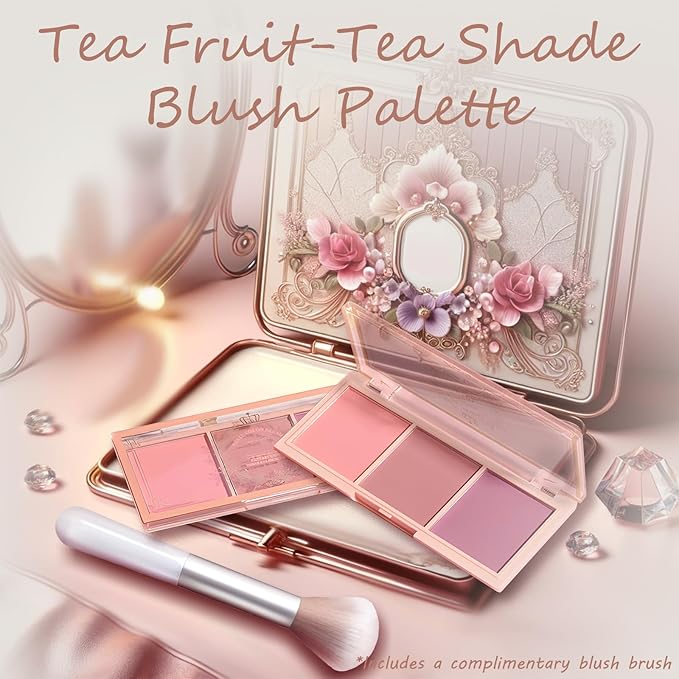 3 Color Matte Pink Blush Palette with Brush, Face Beauty