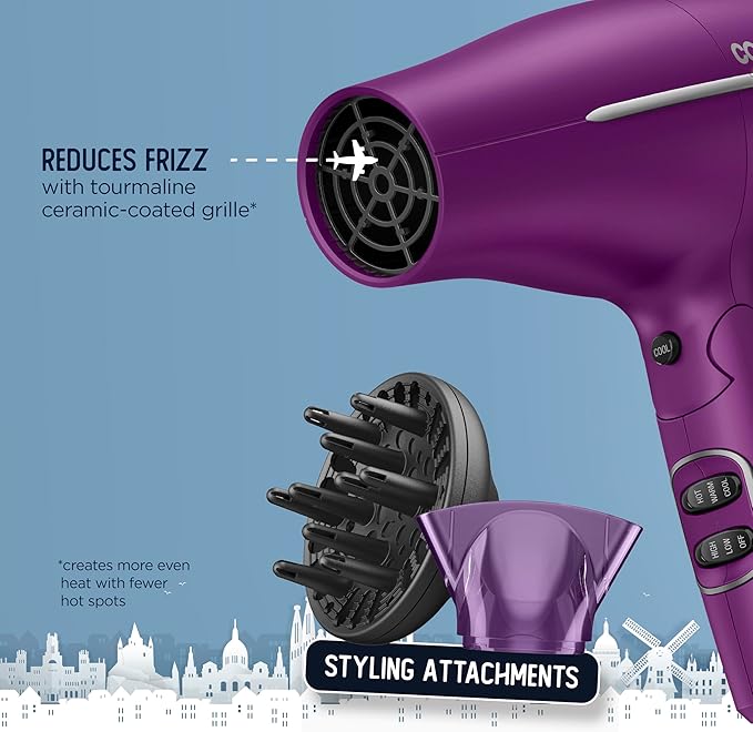 Conair Hair Dryer, Worldwide Travel Hair Dryer with Smart Voltage Technology and Folding Handle, Includes Diffuser and Concentrator, Purple